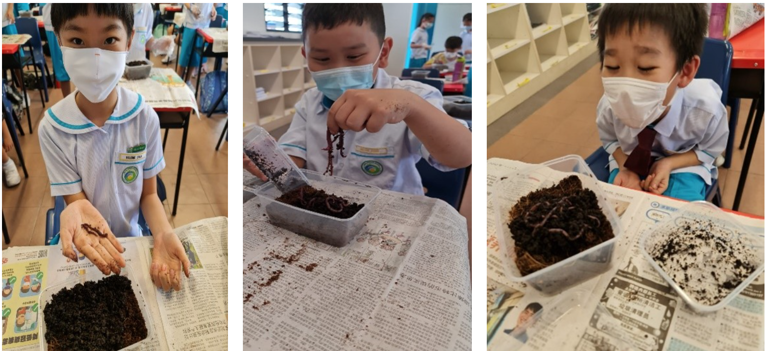 Three masked schoolchildren handle live earthworms and soil in plastic trays on newspaper-covered classroom tables.